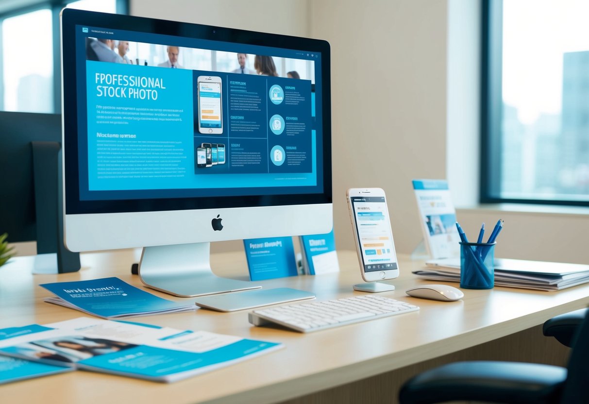 A bright, modern office desk with a sleek phone and computer, surrounded by informational brochures and sales materials