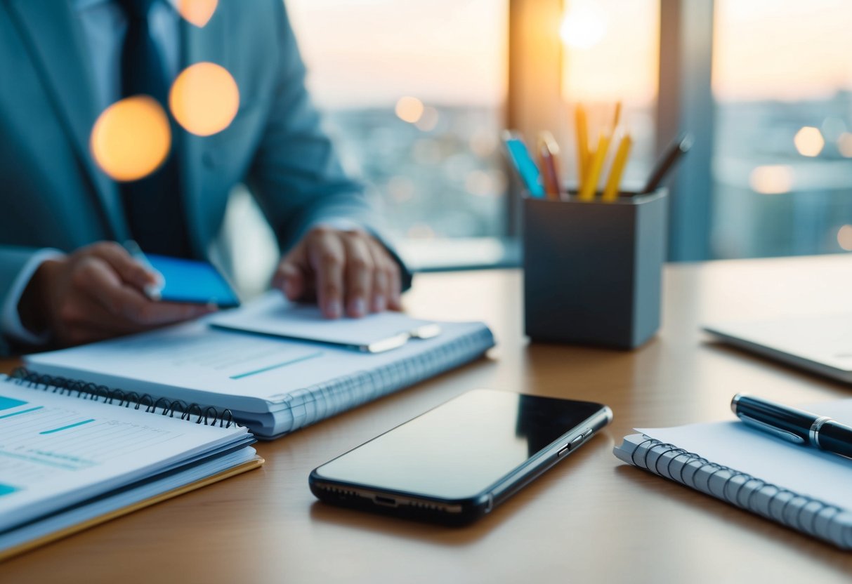 A phone sitting on a desk, with a notepad and pen nearby, surrounded by communication and outreach materials