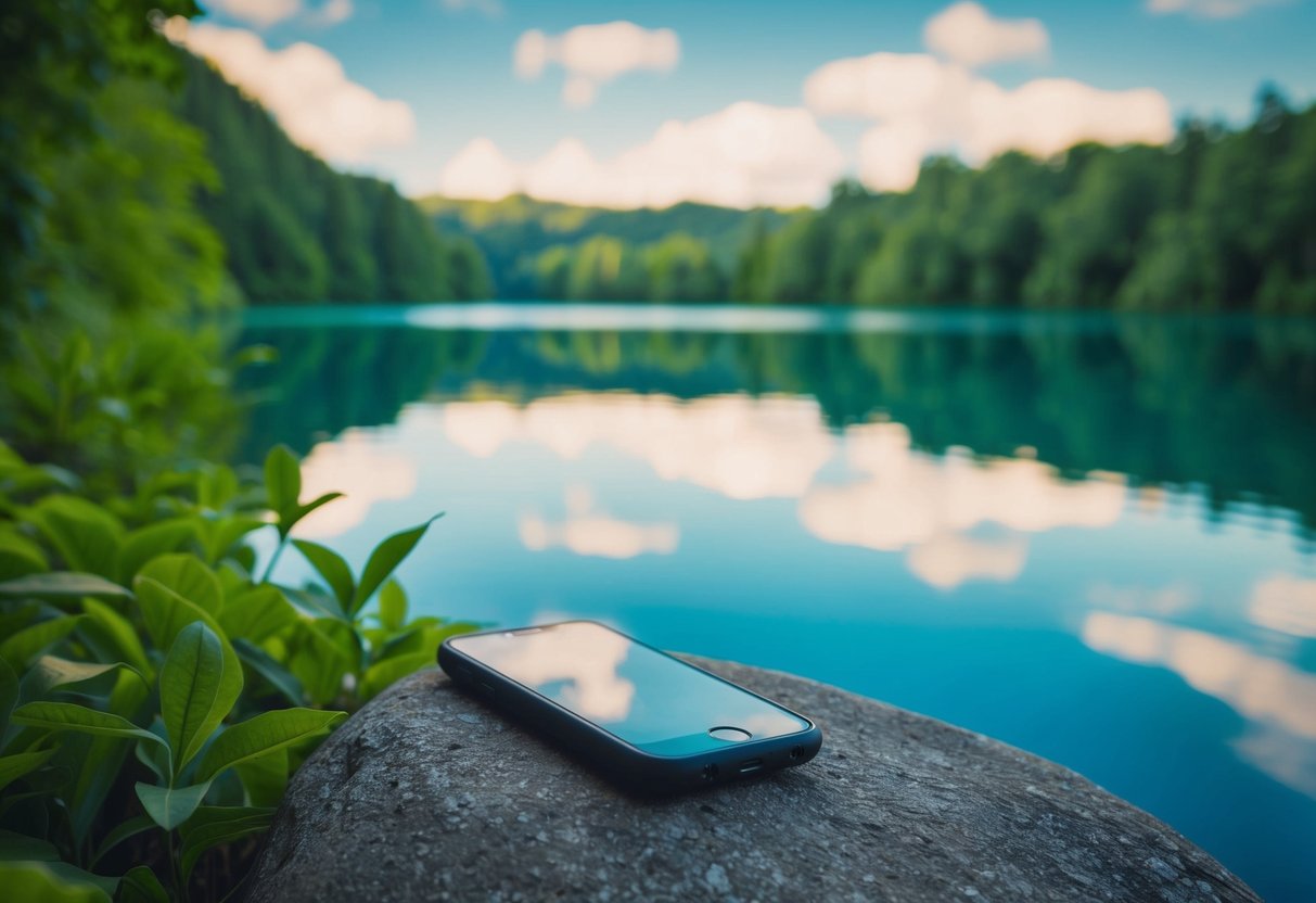 A tranquil lake reflecting the sky, surrounded by lush greenery and a single phone resting on a rock