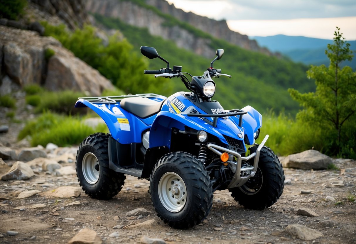 A Yamaha ATV parked in a rugged outdoor setting, surrounded by rocky terrain and lush greenery