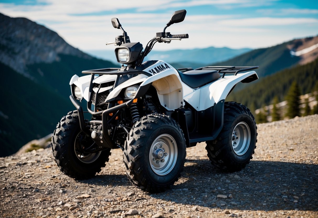 A rugged Yamaha ATV parked in a mountainous terrain, with a clear view of the contact phone number displayed prominently