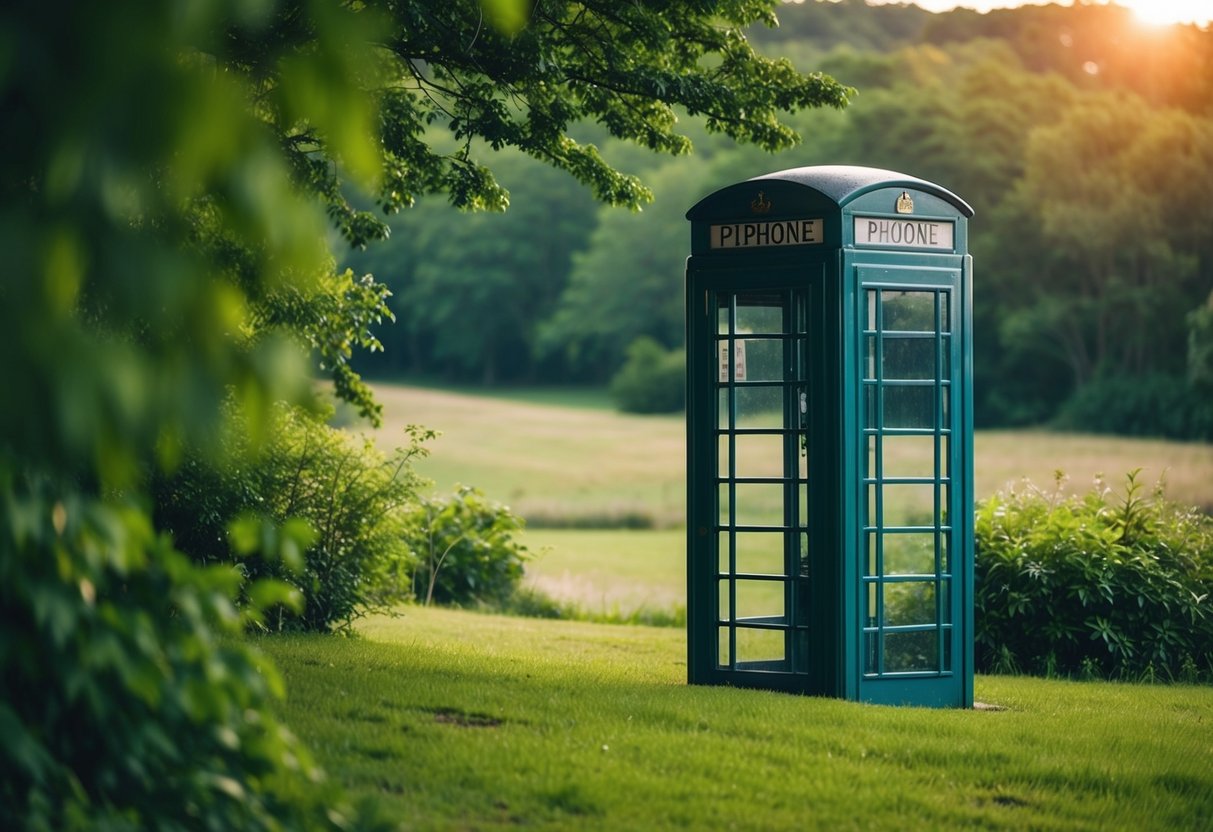 A serene landscape with a phone booth surrounded by lush greenery