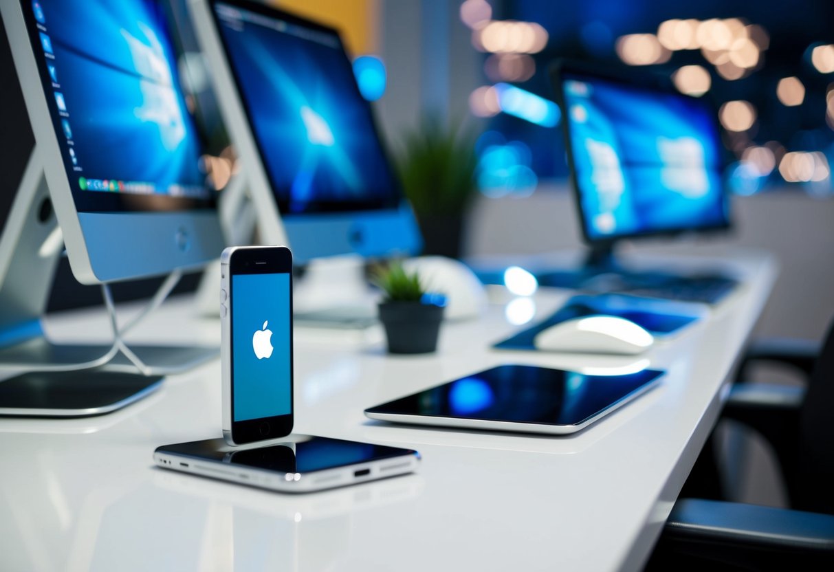 A sleek, modern desk with a phone and computer, surrounded by futuristic technology