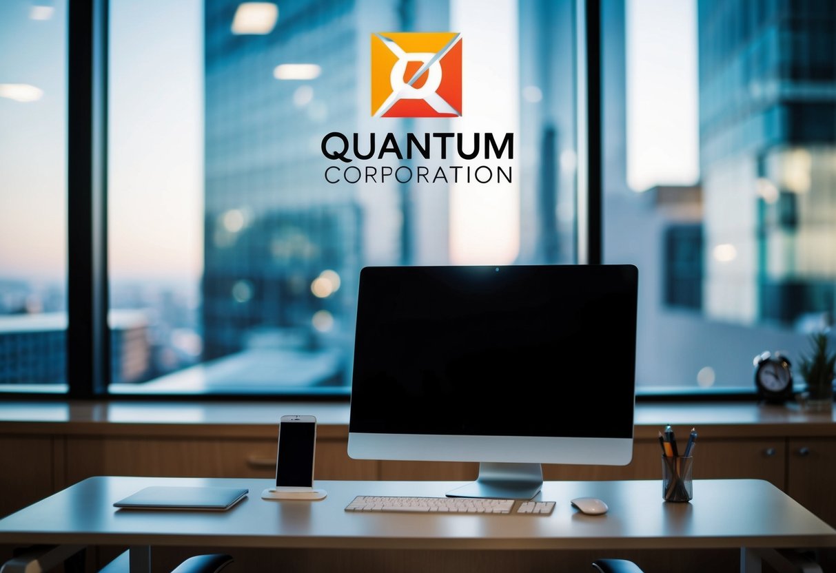 A modern office desk with a computer, phone, and Quantum Corporation logo