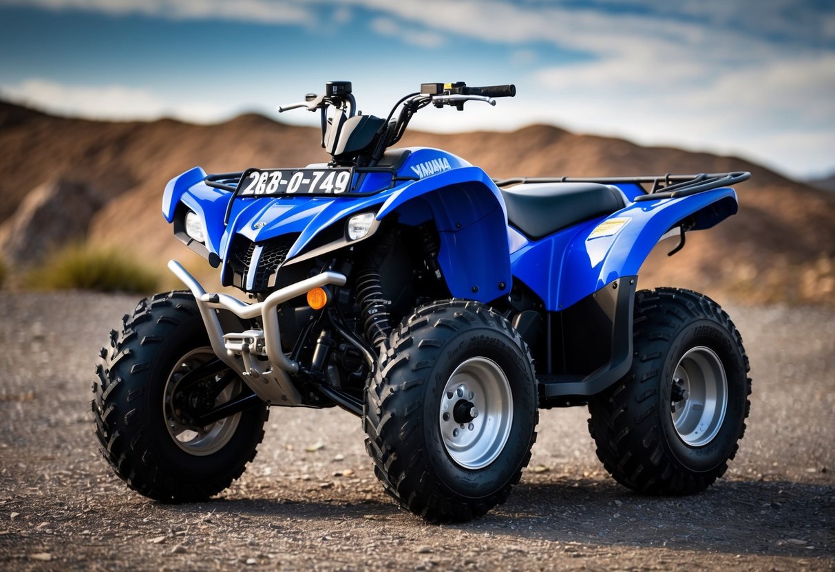 A Yamaha ATV parked in a rugged outdoor setting, with a prominent phone number displayed for warranty and service information