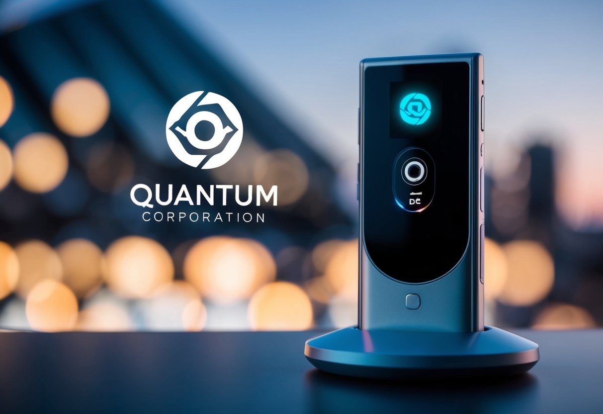 A futuristic, sleek communication device with the Quantum Corporation logo displayed prominently