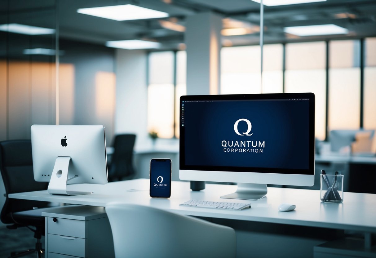 A sleek and modern office desk with a phone, computer, and Quantum Corporation branding