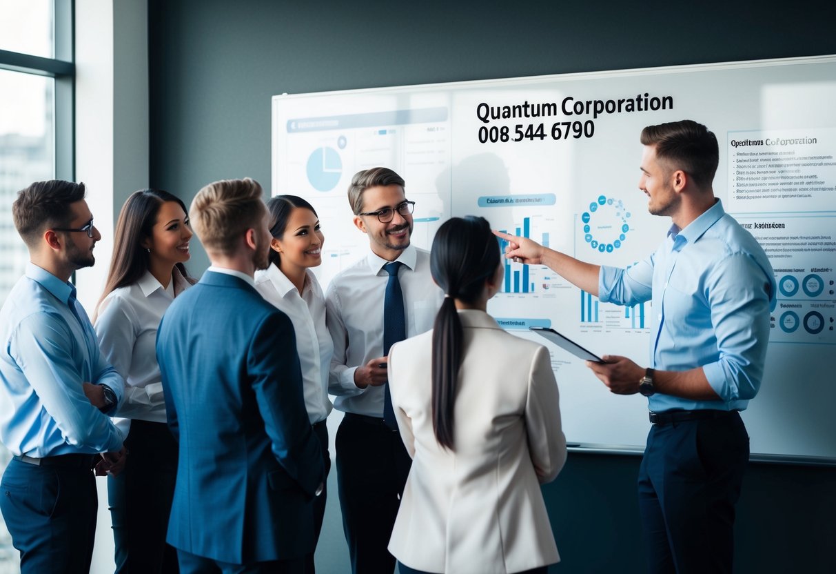 A group of employees gathered around a whiteboard with diagrams and charts, while a trainer points to a contact phone number for Quantum Corporation