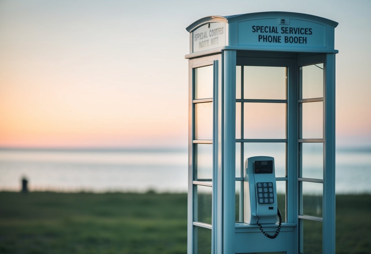 A serene, minimalist phone booth in a peaceful outdoor setting, with a sign displaying the "Special Services Serene Contact Phone Number."
