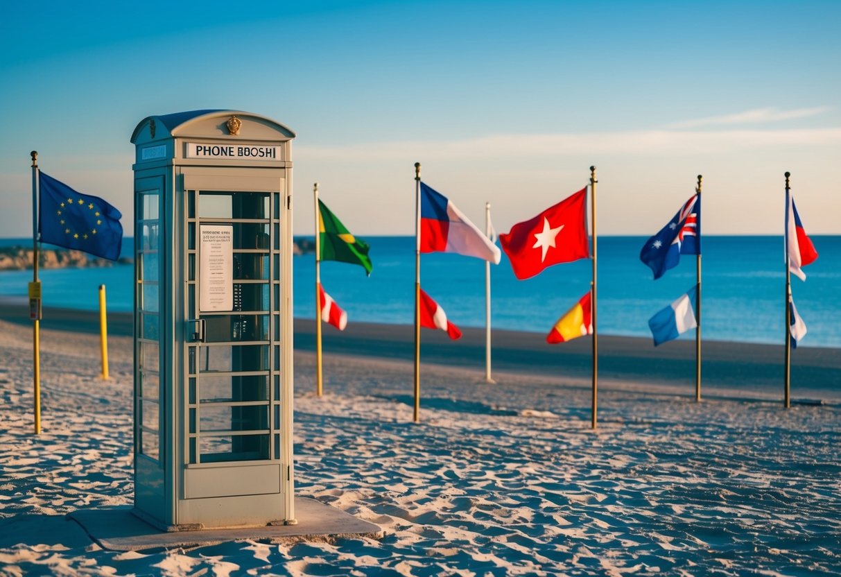 A tranquil beach with a phone booth, surrounded by flags from different countries