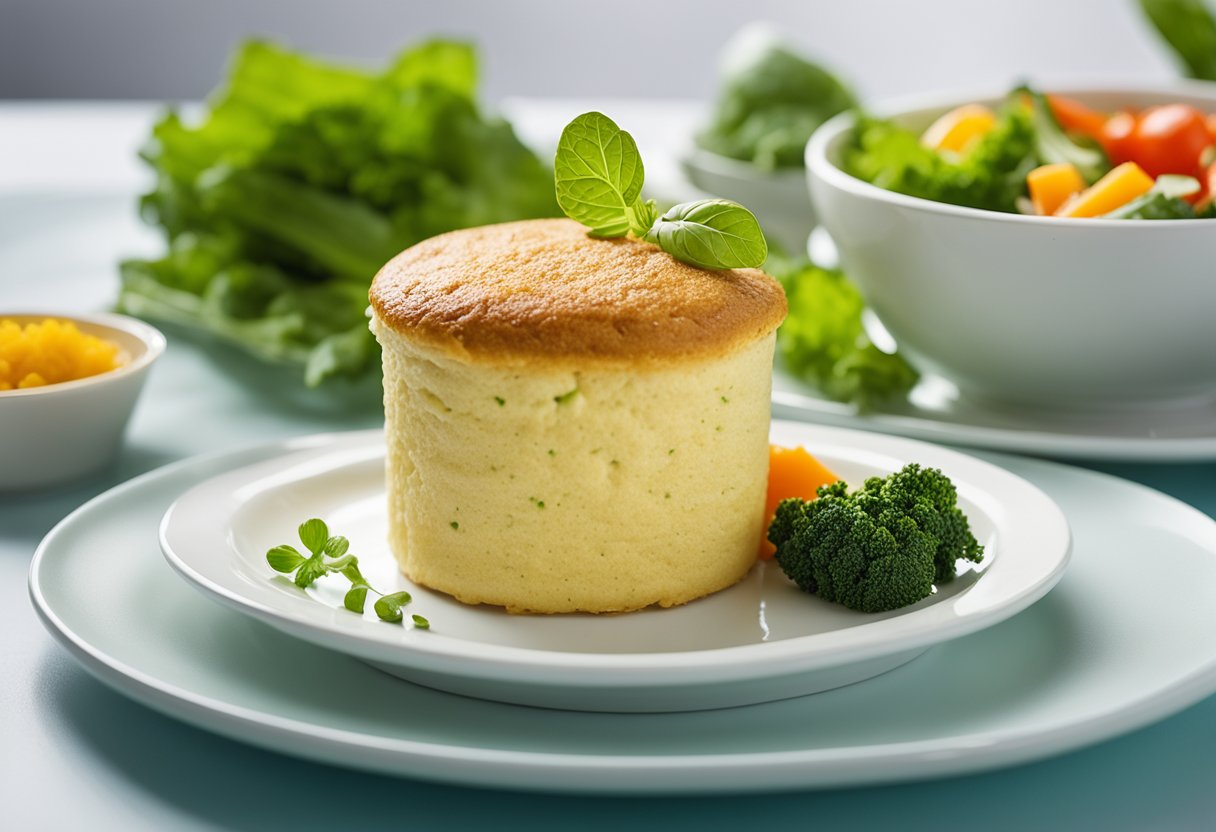 Um soufflé de legumes leve e arejado repousa em um prato branco imaculado, cercado por vegetais frescos e vibrantes. O prato exala uma sensação de saúde e equilíbrio, com foco em ingredientes saudáveis e de baixa caloria.