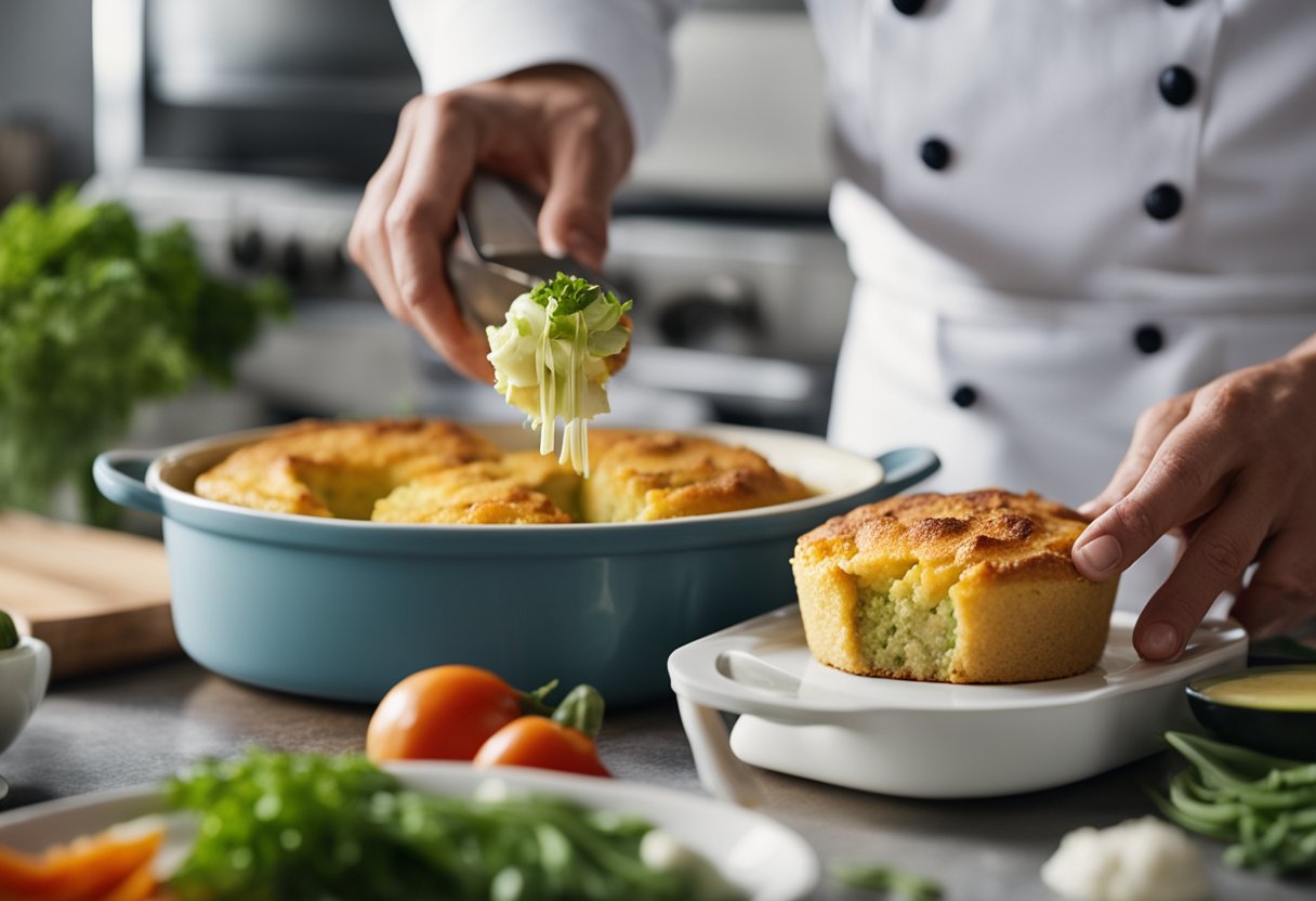 Um chef prepara um soufflé de legumes saudável em uma cozinha moderna e iluminada. O prato é leve e arejado, com legumes coloridos aparecendo da crosta dourada.