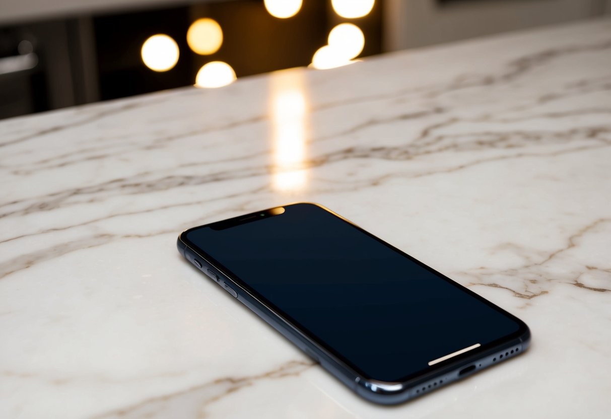 A sleek smartphone resting on a marble countertop, with a soft glow emanating from the screen