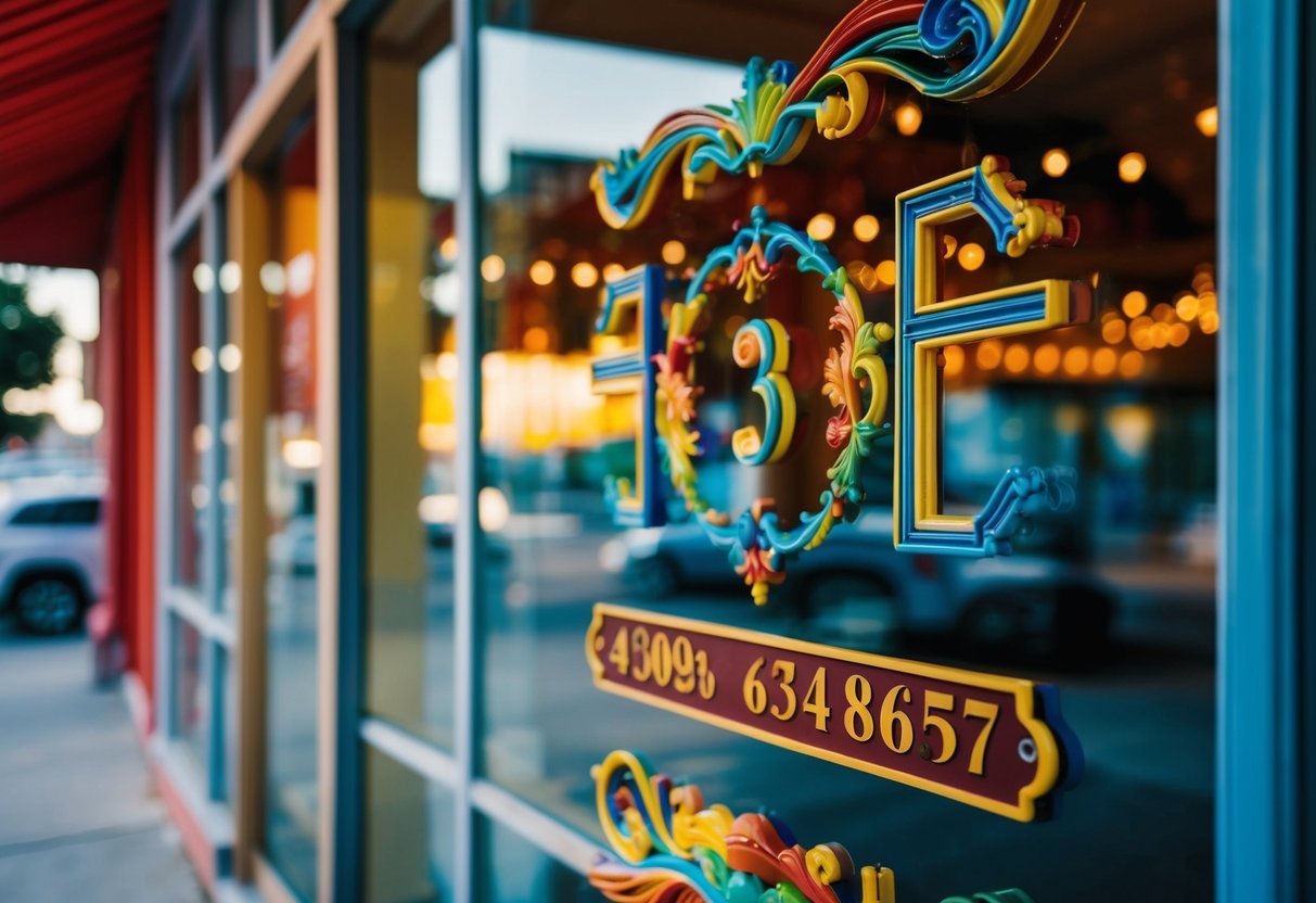 A colorful glass storefront with intricate designs and a prominent phone number displayed