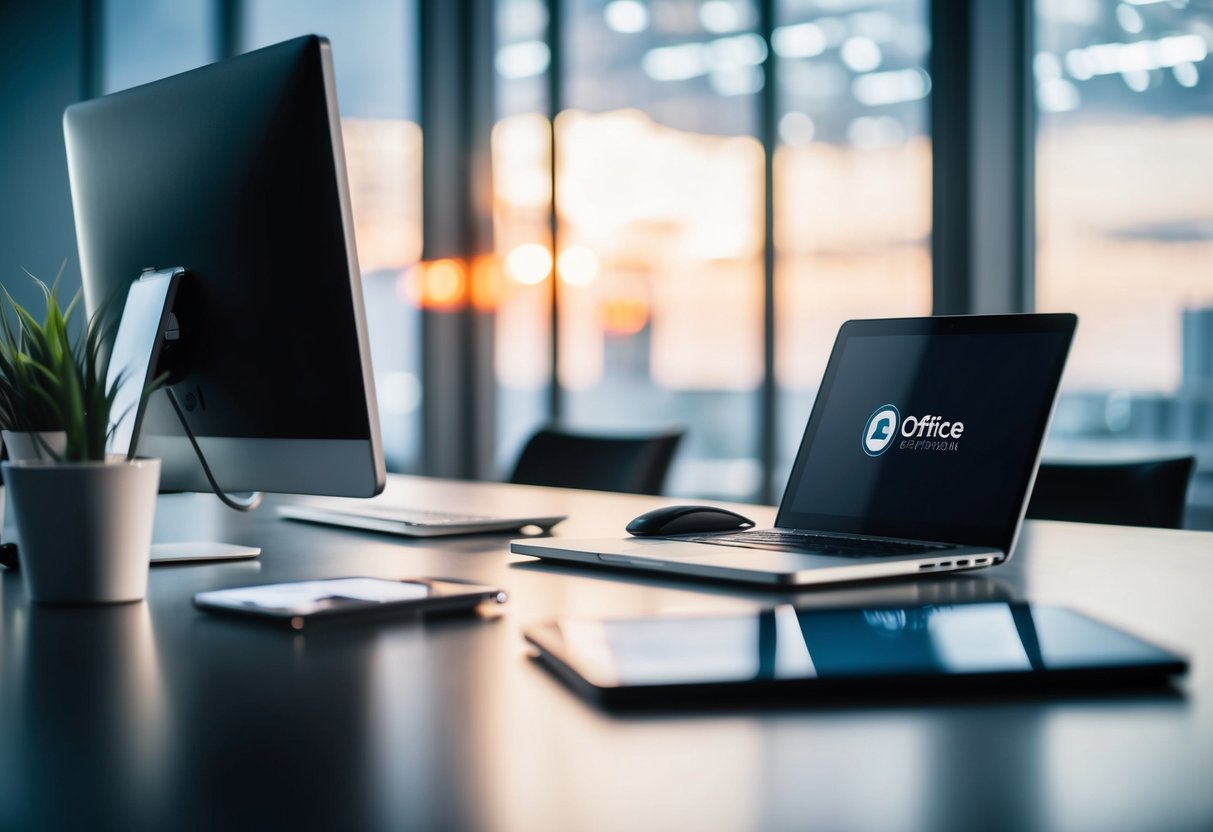 Clek Contact Phone Number A sleek office desk with a phone, computer, and company logo