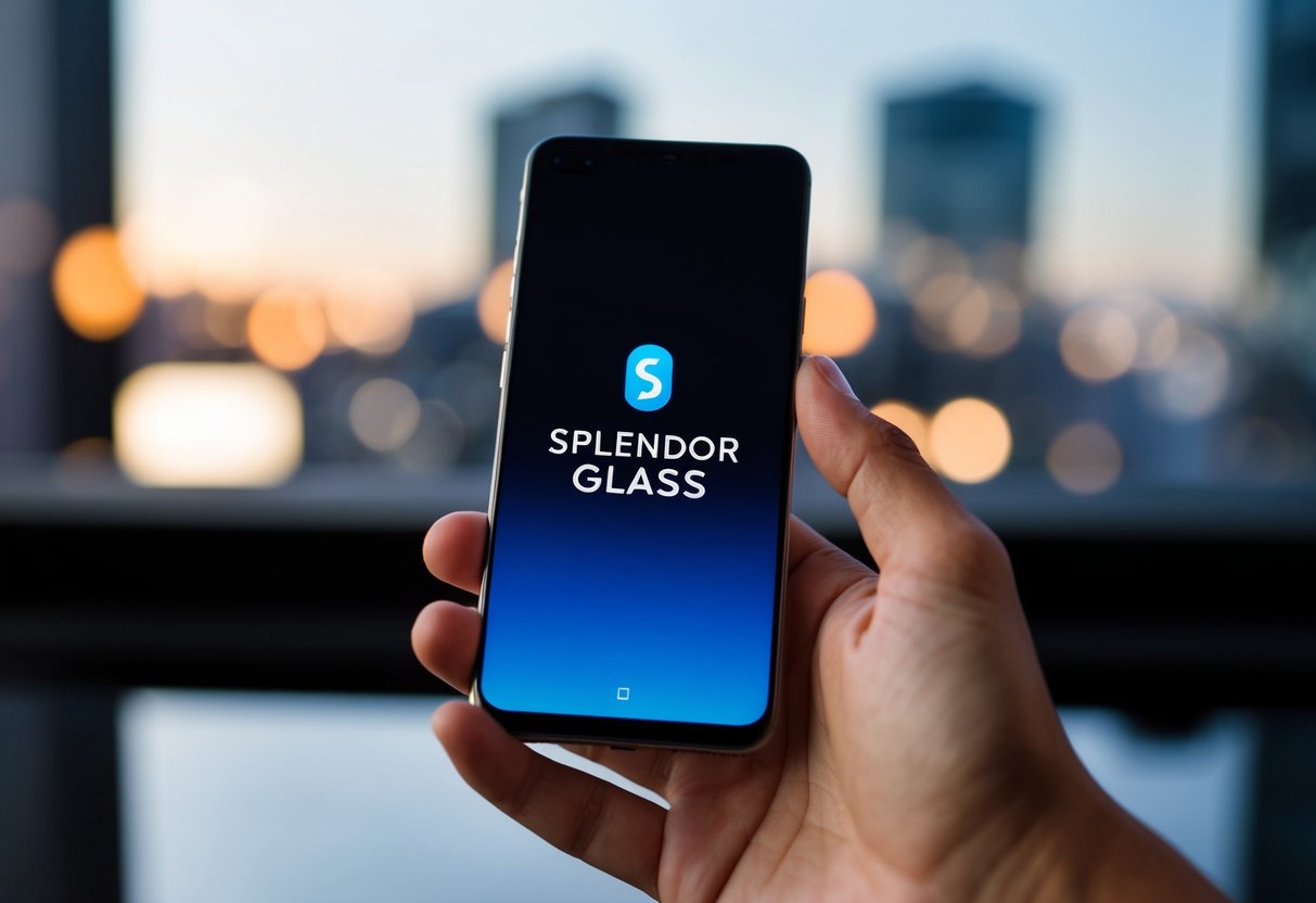 A hand reaching for a sleek, modern phone with the "Splendor Glass" logo displayed on the screen