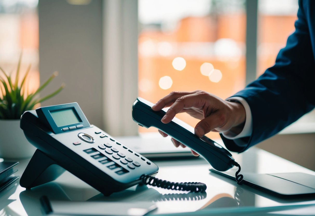 Clek Contact Phone Number A hand reaching for a ringing telephone on a cluttered desk