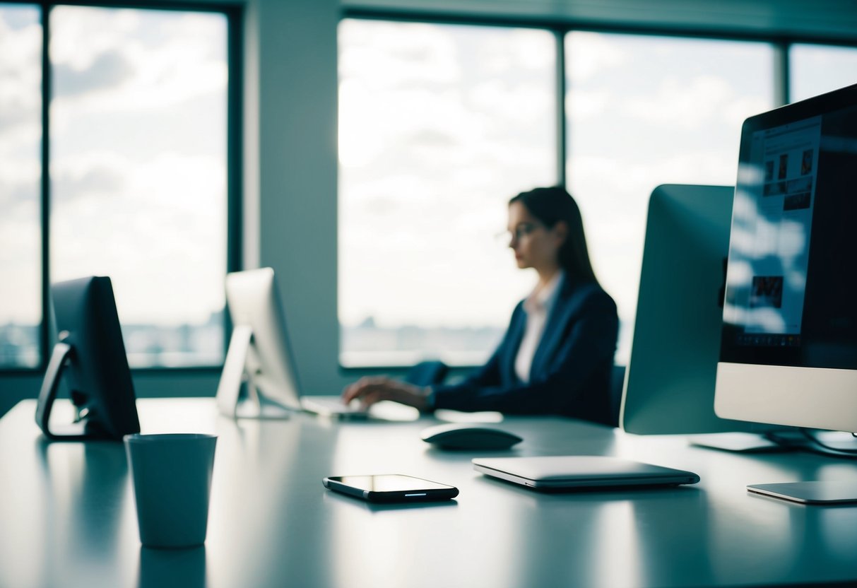 Clek Contact Phone Number A sleek, modern office desk with a phone and computer