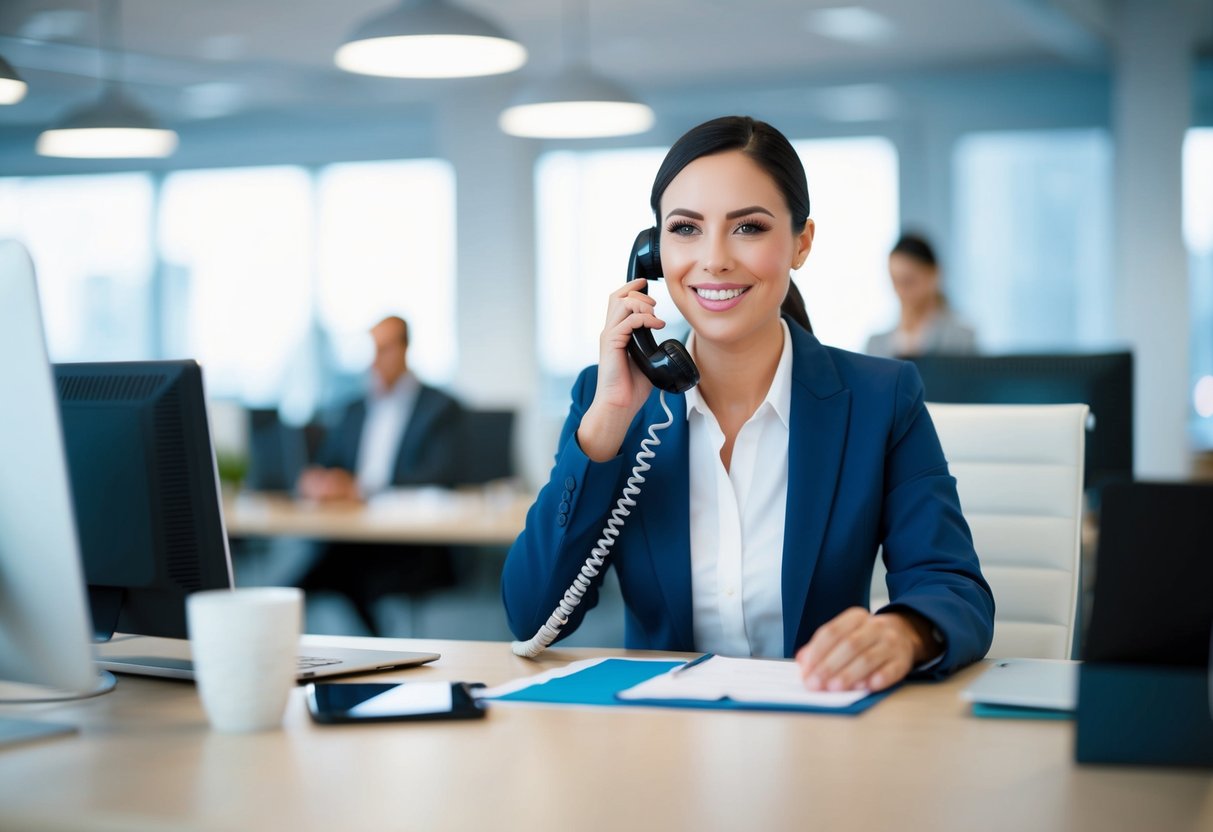 Clek Contact Phone Number A customer service representative answers the phone with a friendly smile, surrounded by a clean and organized workspace