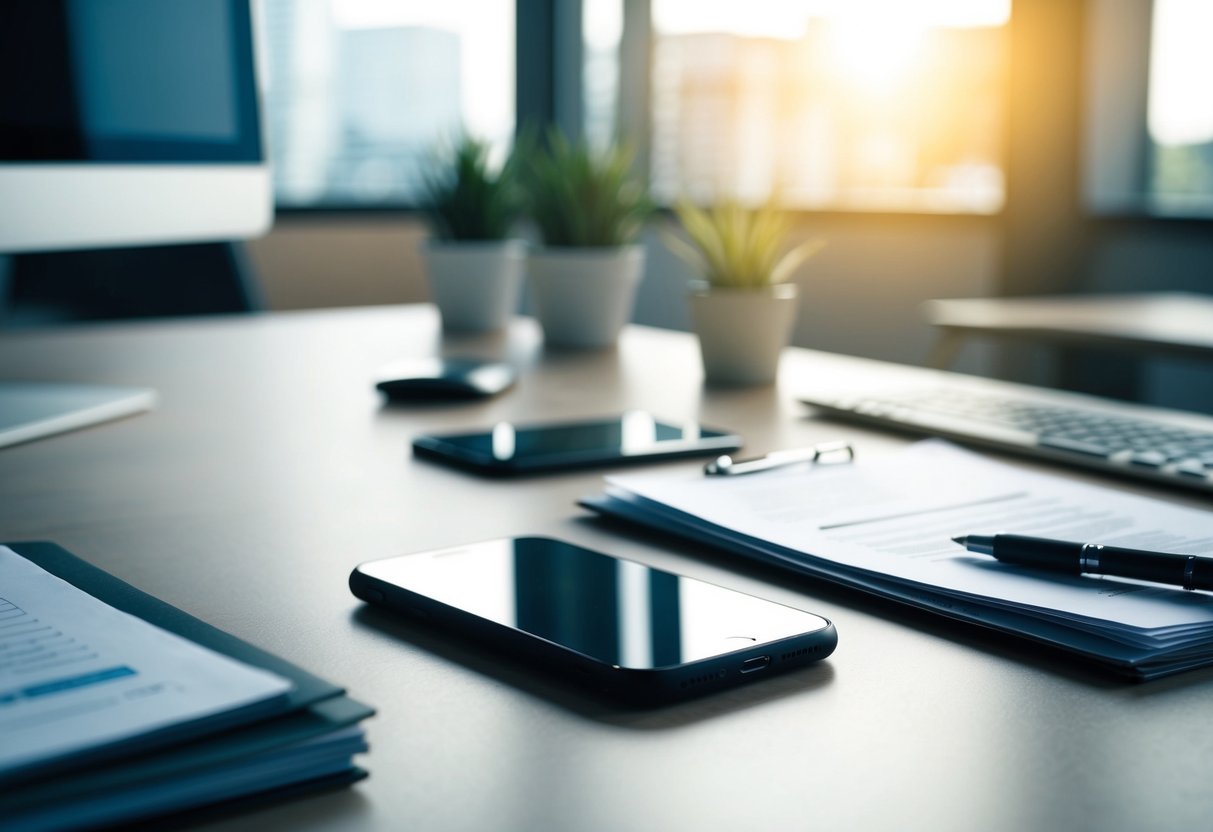 Clek Contact Phone Number A phone sitting on a desk, surrounded by paperwork and a computer, in a professional office setting