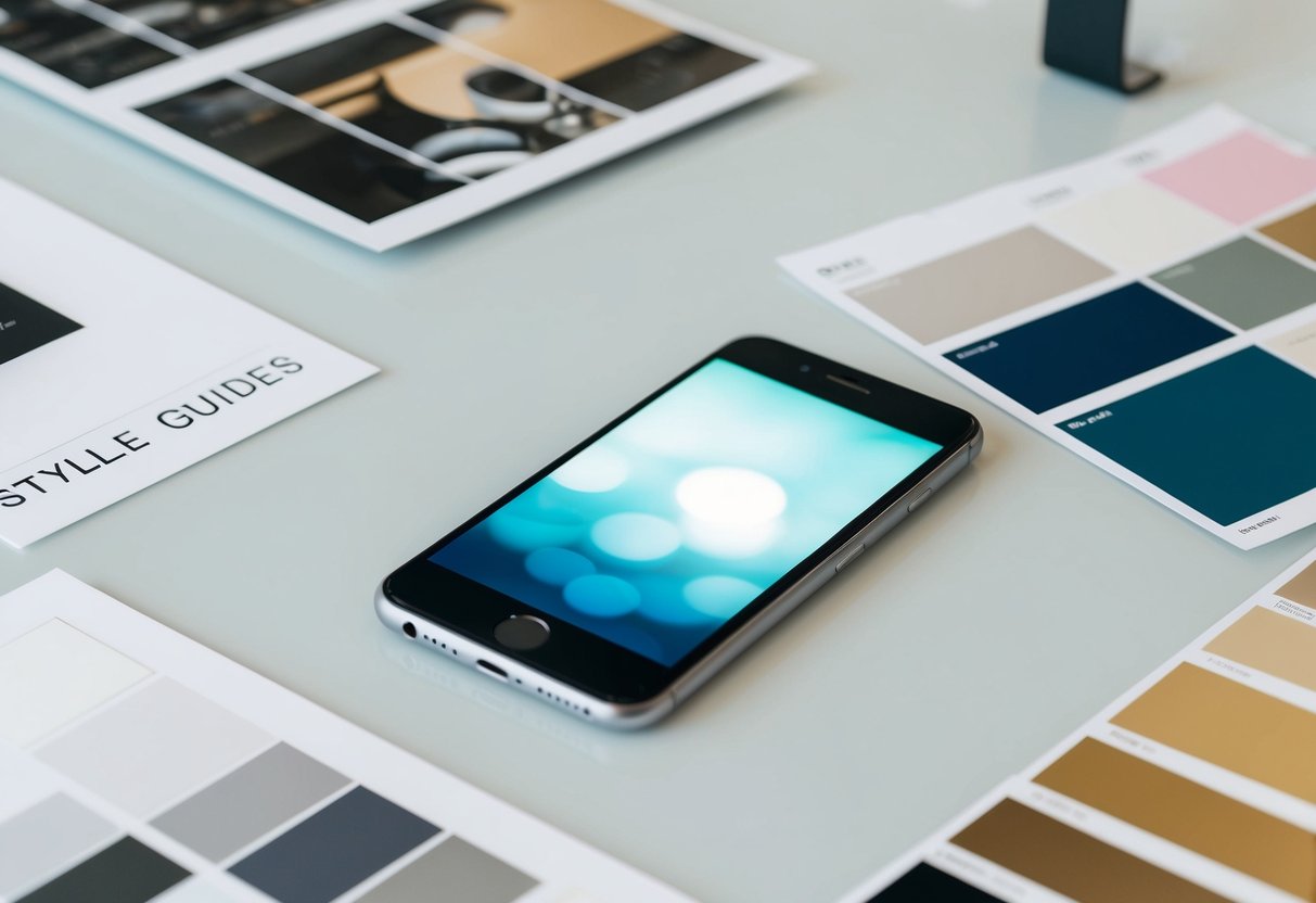 A sleek, modern smartphone rests on a clean, minimalist table, surrounded by various artistic style guides and swatches