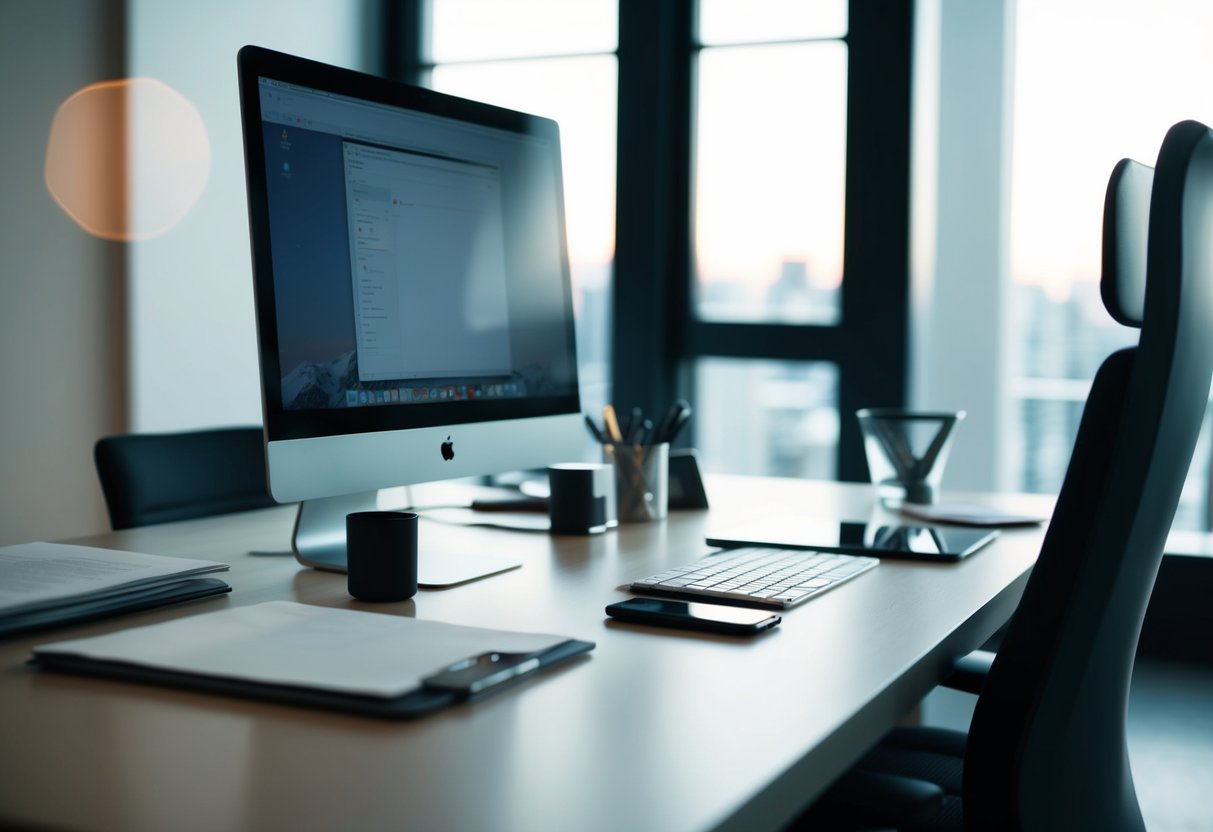 Clek Contact Phone Number A sleek modern desk with a computer, phone, and organized paperwork