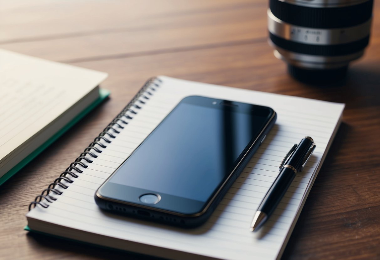 A phone sitting on a desk, with a notepad and pen nearby