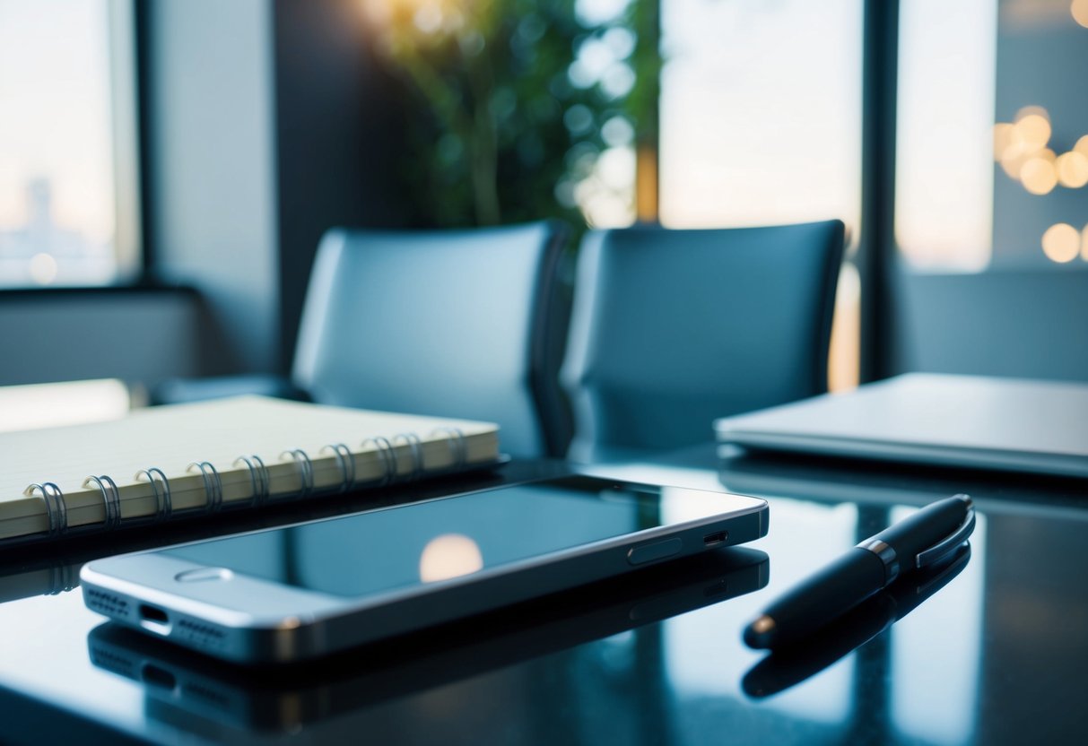 A phone sitting on a sleek, modern desk, with a notepad and pen next to it. The room is well-lit and professional
