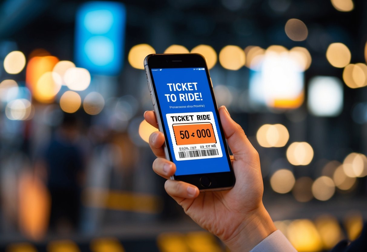 A hand holding a phone with a ticket to ride displayed on the screen