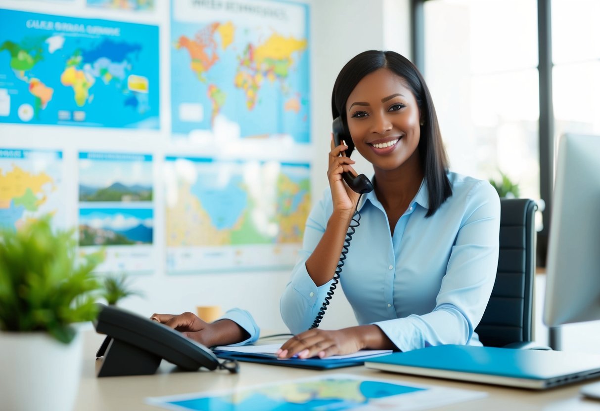 A customer service representative answers the phone with a smile, ready to assist. A bright and welcoming office space is filled with maps and travel posters