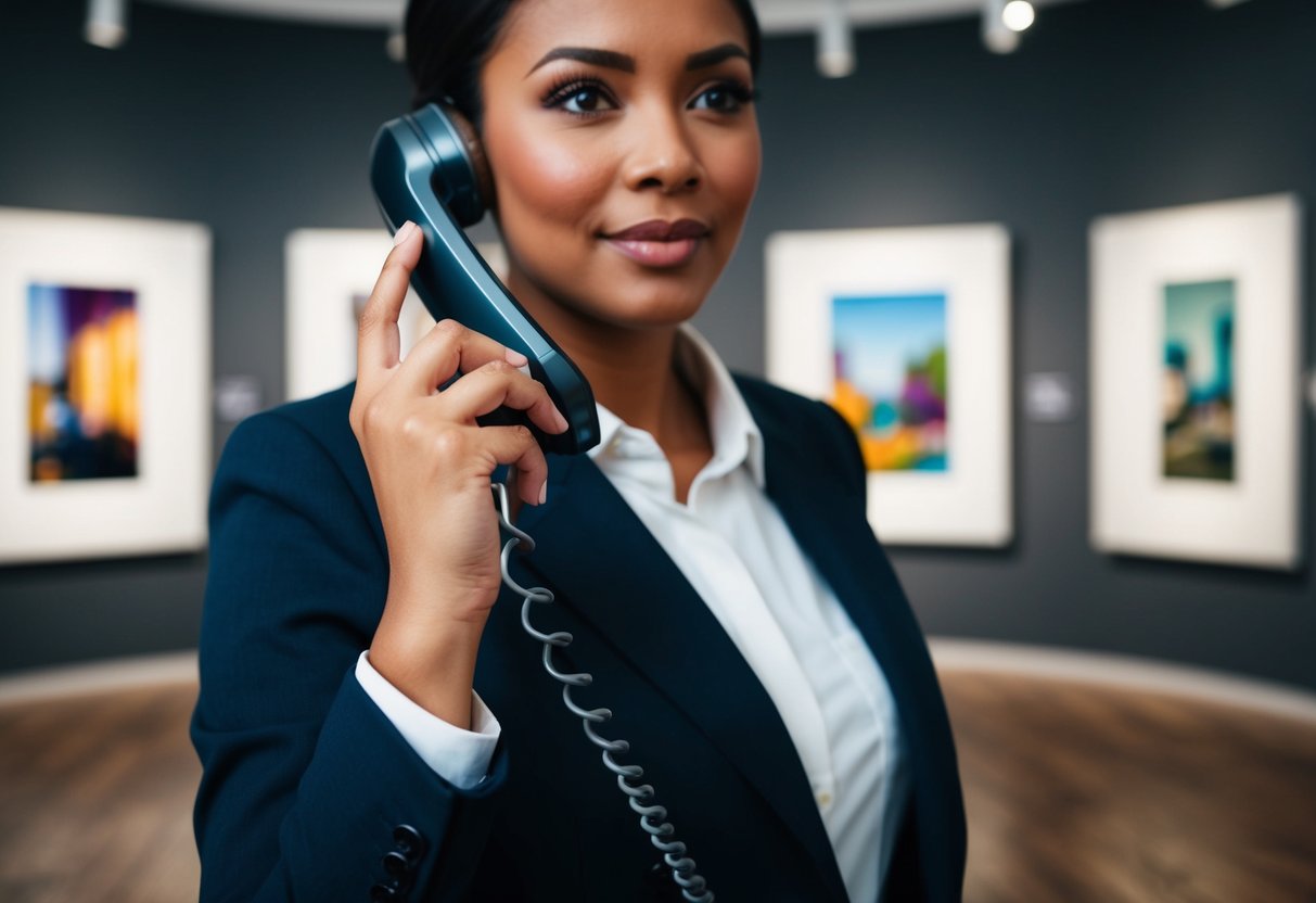 A person holding a phone, dialing a number, with a gallery in the background
