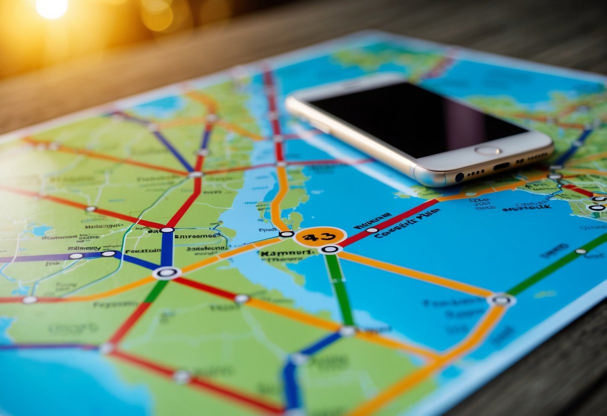 A colorful map of train routes with a phone nearby