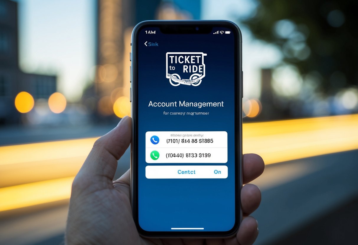 A smartphone with the Ticket to Ride app open, displaying the account management section with the contact phone number visible