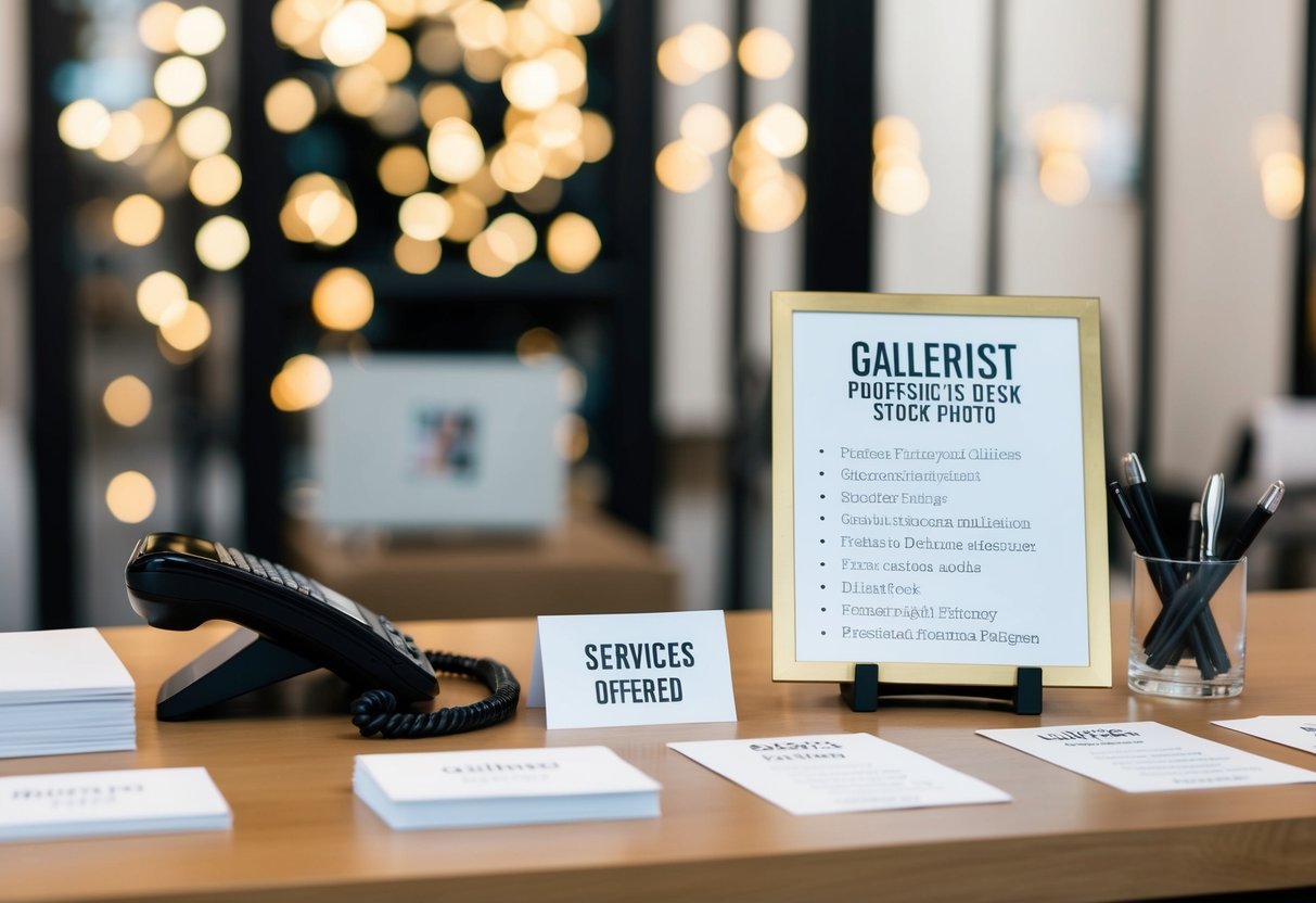 A gallerist's desk with a phone, business cards, and a sign listing services offered