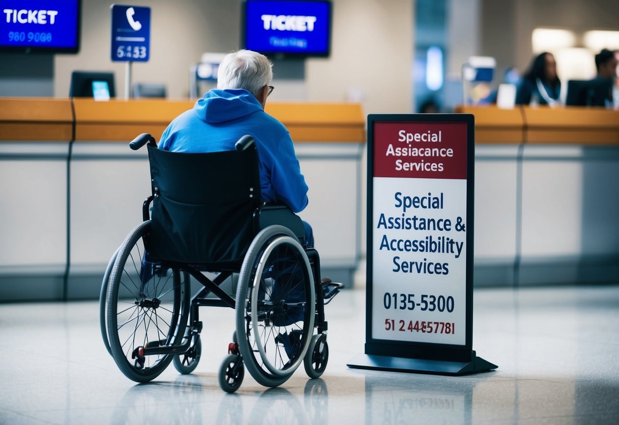A person using a wheelchair approaching a ticket counter with a sign displaying “Special Assistance and Accessibility Services” and a phone number