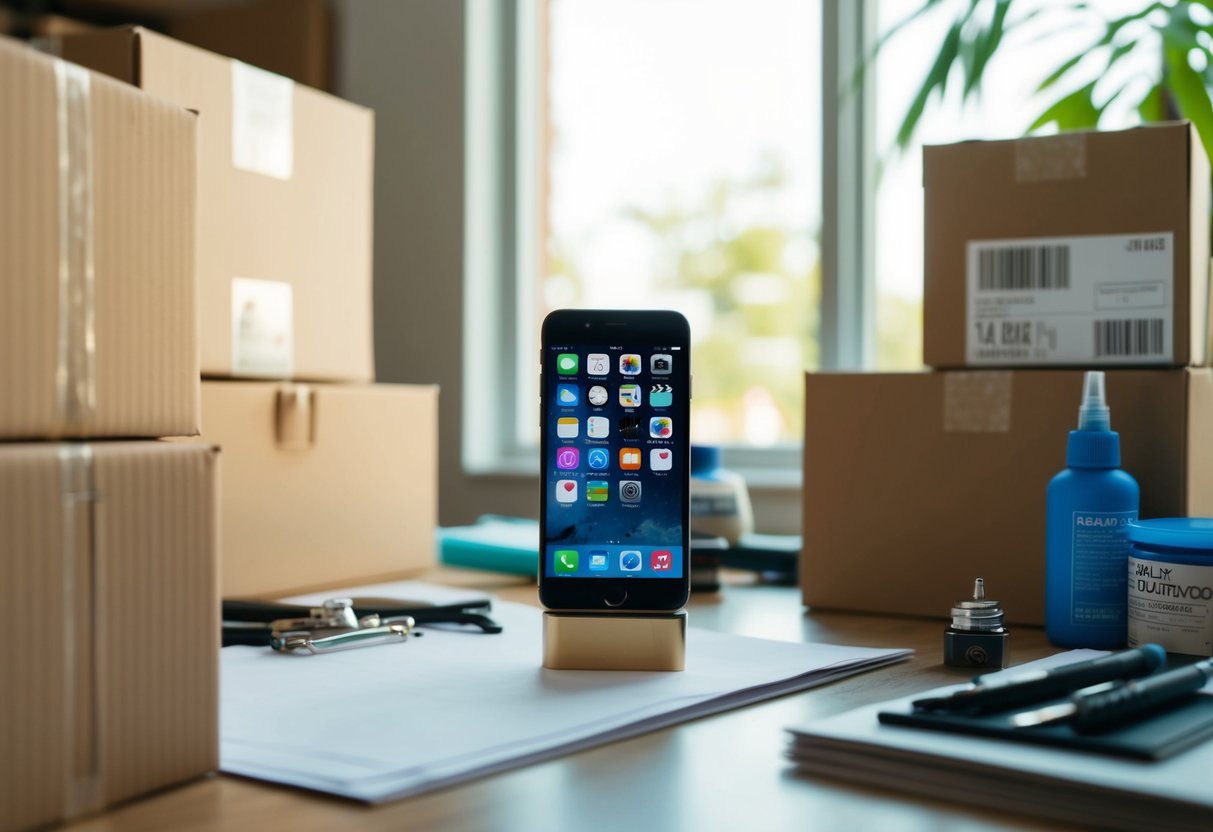 A phone sits on a desk, surrounded by shipping boxes and art supplies. The room is filled with natural light, casting soft shadows on the objects