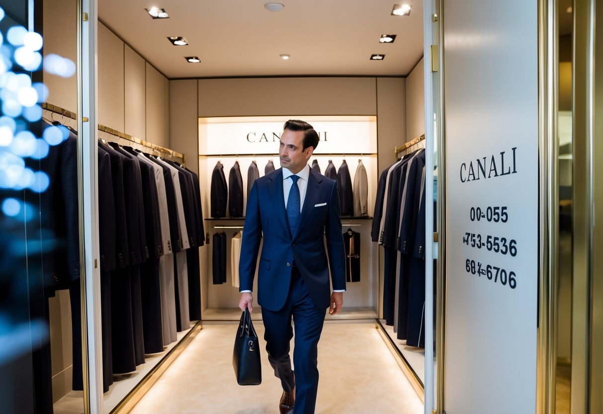 A well-dressed man enters a luxurious Canali store, browsing through racks of finely tailored suits and elegant accessories. The store's contact phone number is prominently displayed near the entrance
