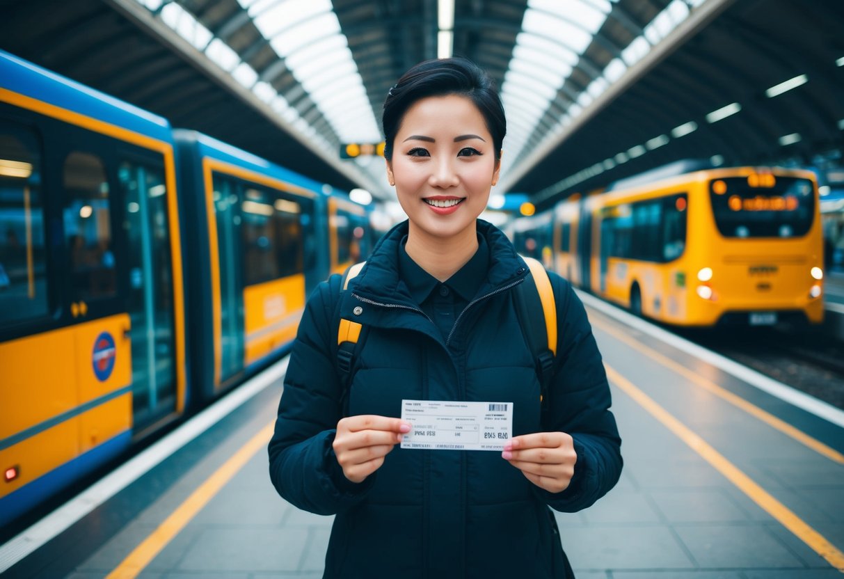 A person holding a ticket while standing at a transportation hub with various options for travel, including buses, trains, and taxis