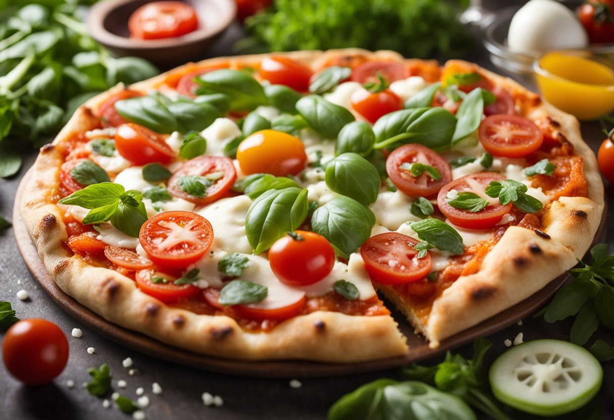 Uma pizza de crosta fina de tapioca colorida, coberta com queijo branco e fatias de tomate, rodeada por ervas frescas e vegetais vibrantes.