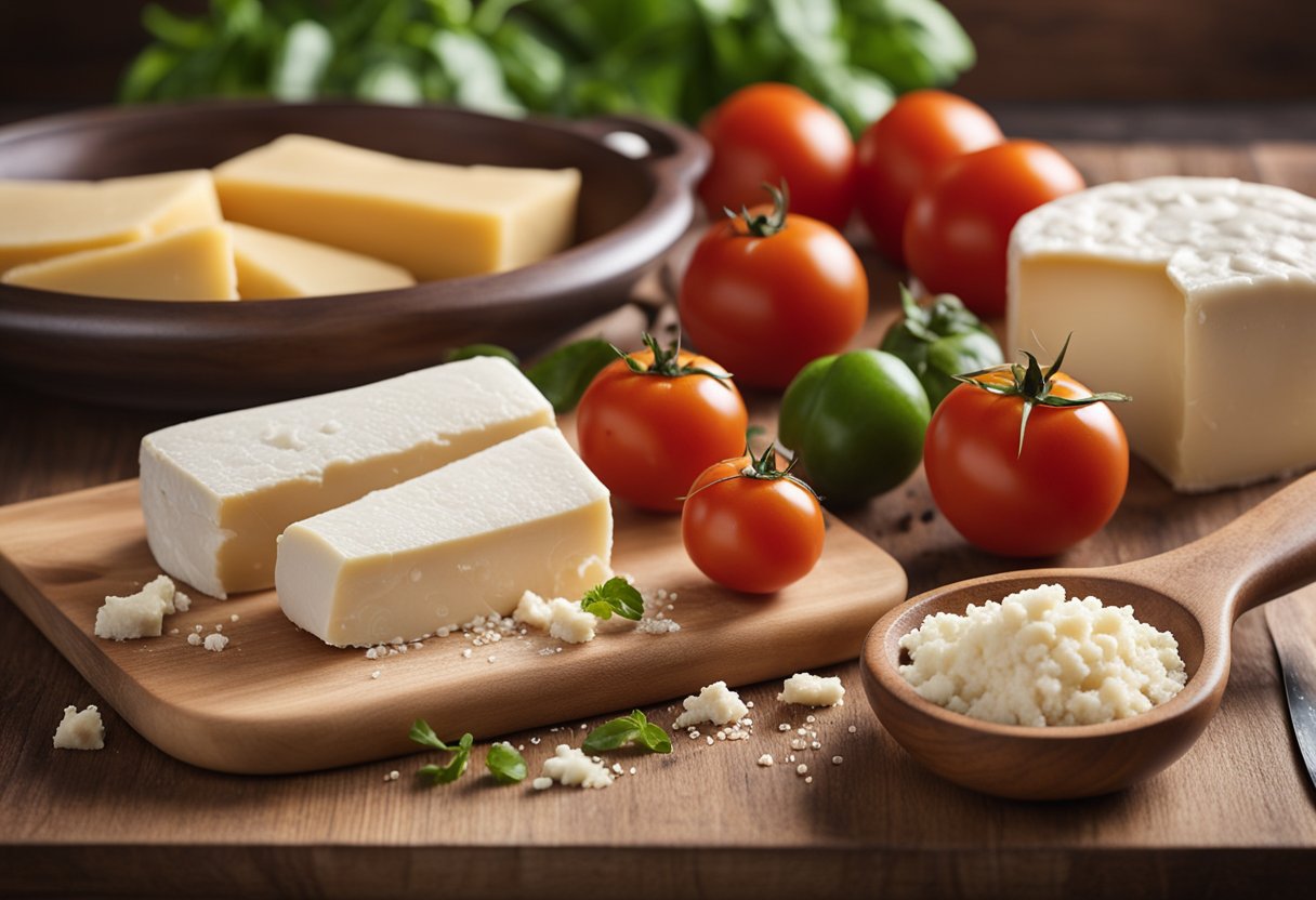 Uma mesa com ingredientes: massa de tapioca, queijo branco e tomates. Um rolo de massa e uma tábua de corte estão prontos para o preparo.