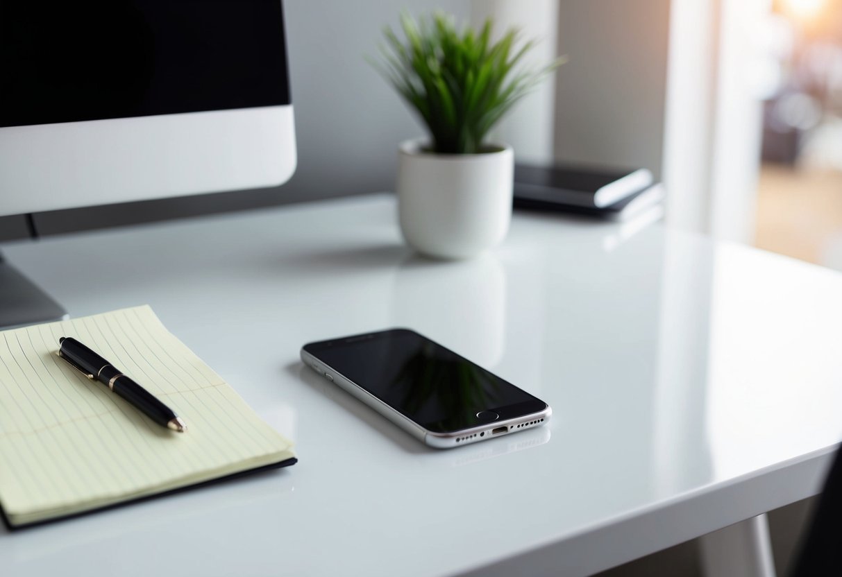 A phone sitting on a clean, white desk with a notepad and pen next to it