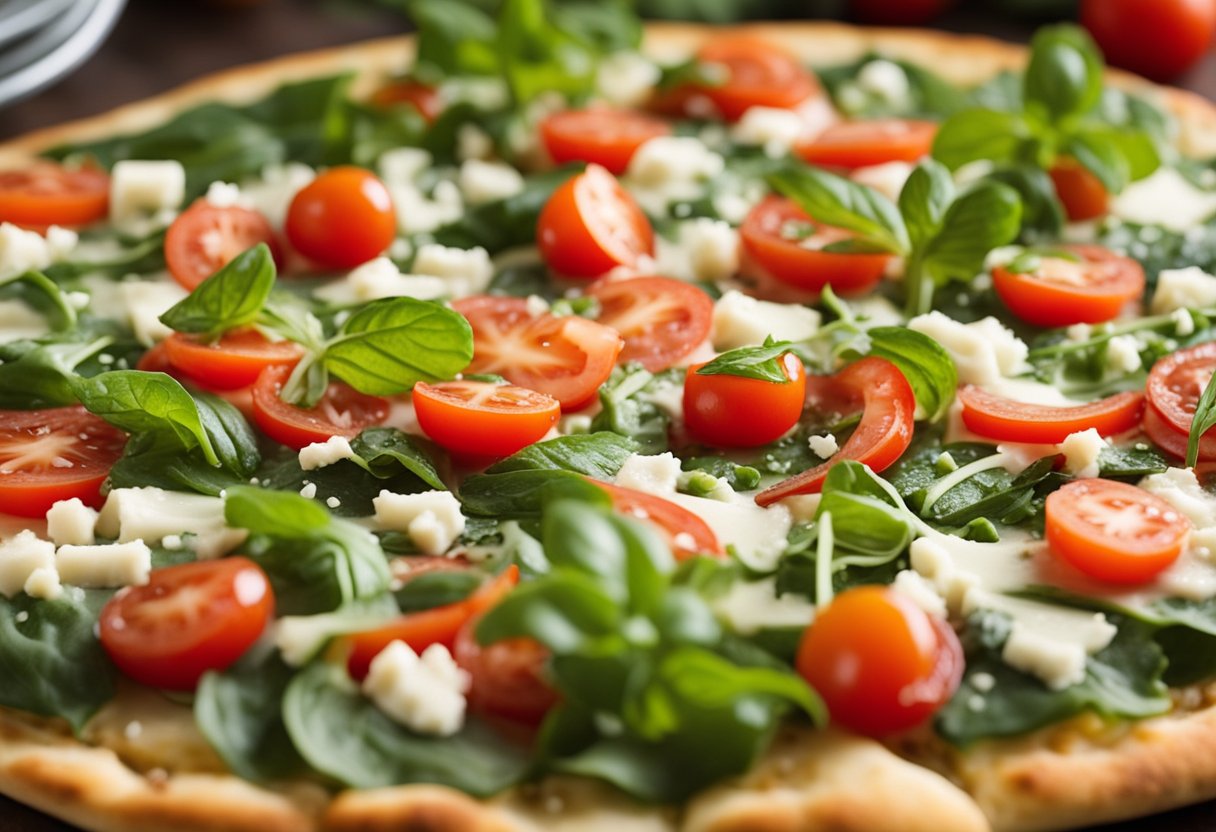 Uma pizza de tapioca com crosta fina e colorida, coberta com queijo branco e fatias de tomate fresco. A pizza é cercada por ingredientes vibrantes e saudáveis, como verduras e ervas.