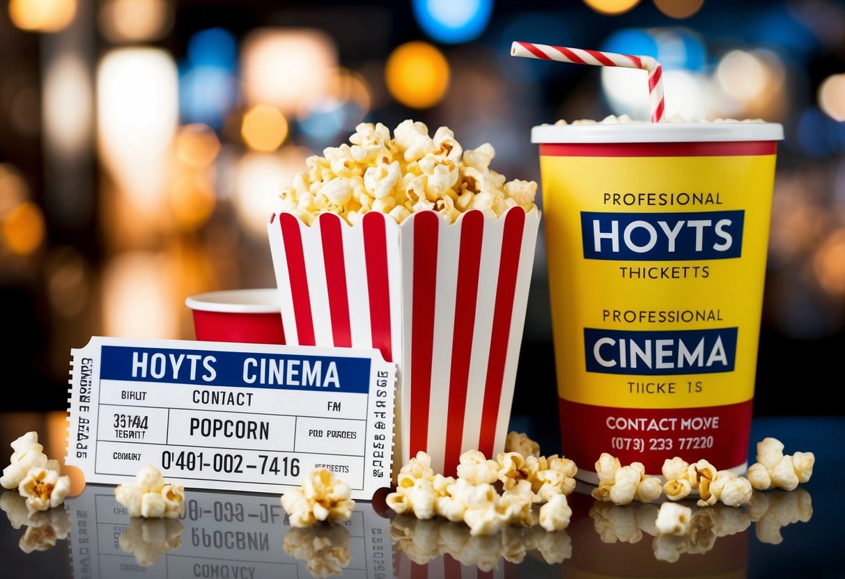 A movie ticket surrounded by popcorn, a drink, and a movie poster with the Hoyts Cinema contact phone number displayed prominently