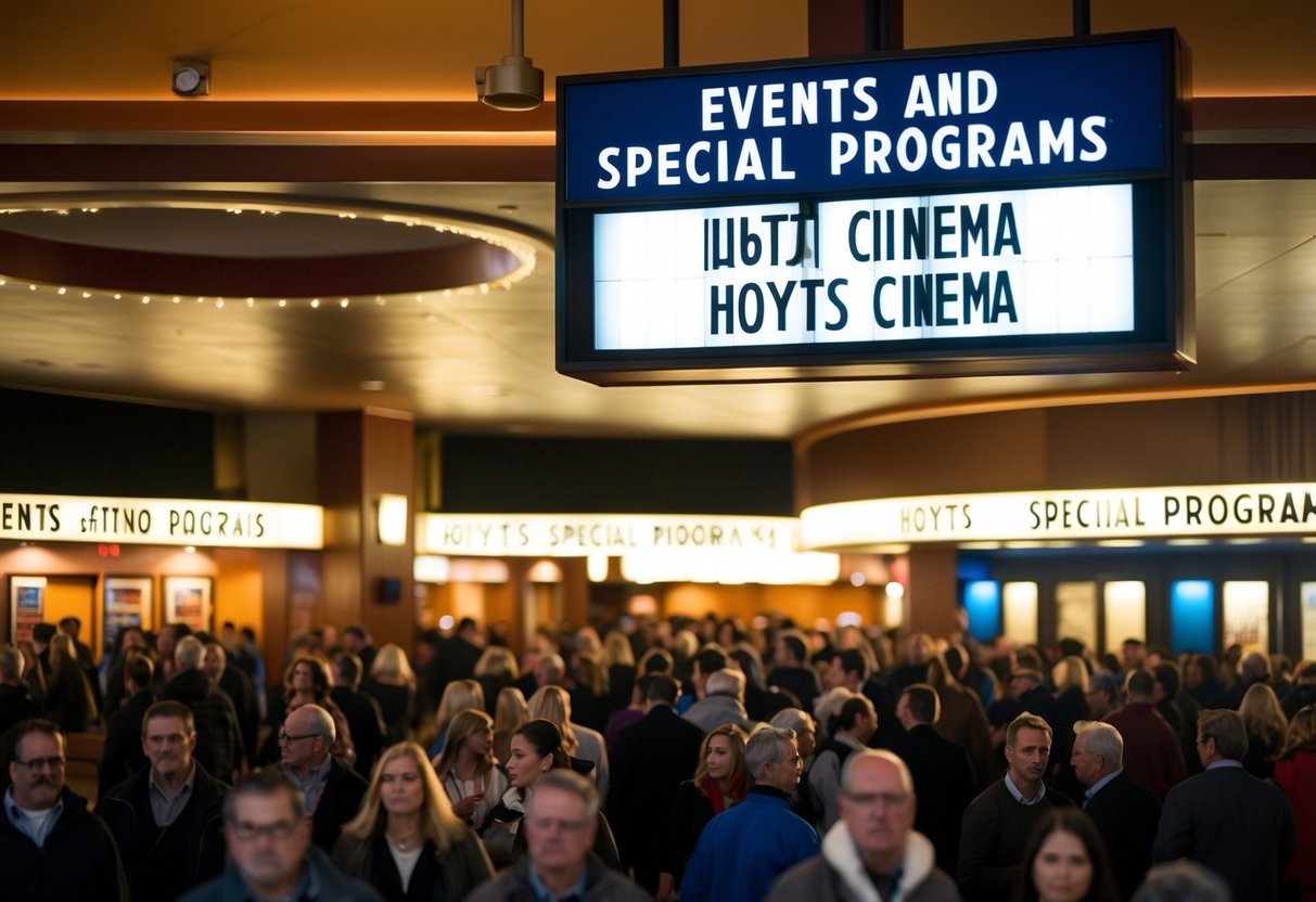 A crowded movie theater lobby with a sign for "Events and Special Programs" and a prominently displayed phone number for Hoyts Cinema