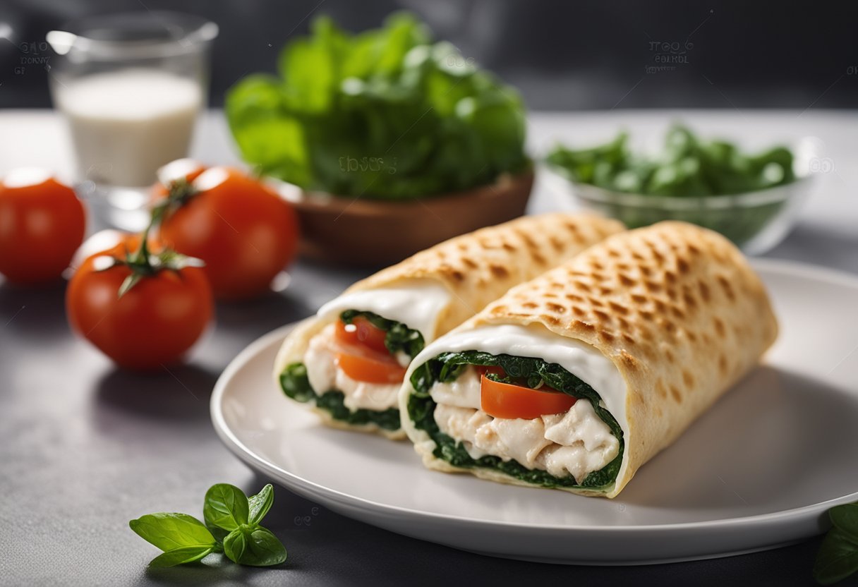 Uma crepioca recheada com frango e cream cheese leve, cercada por ingredientes frescos como tomates e espinafre, em uma bancada de cozinha limpa e moderna.