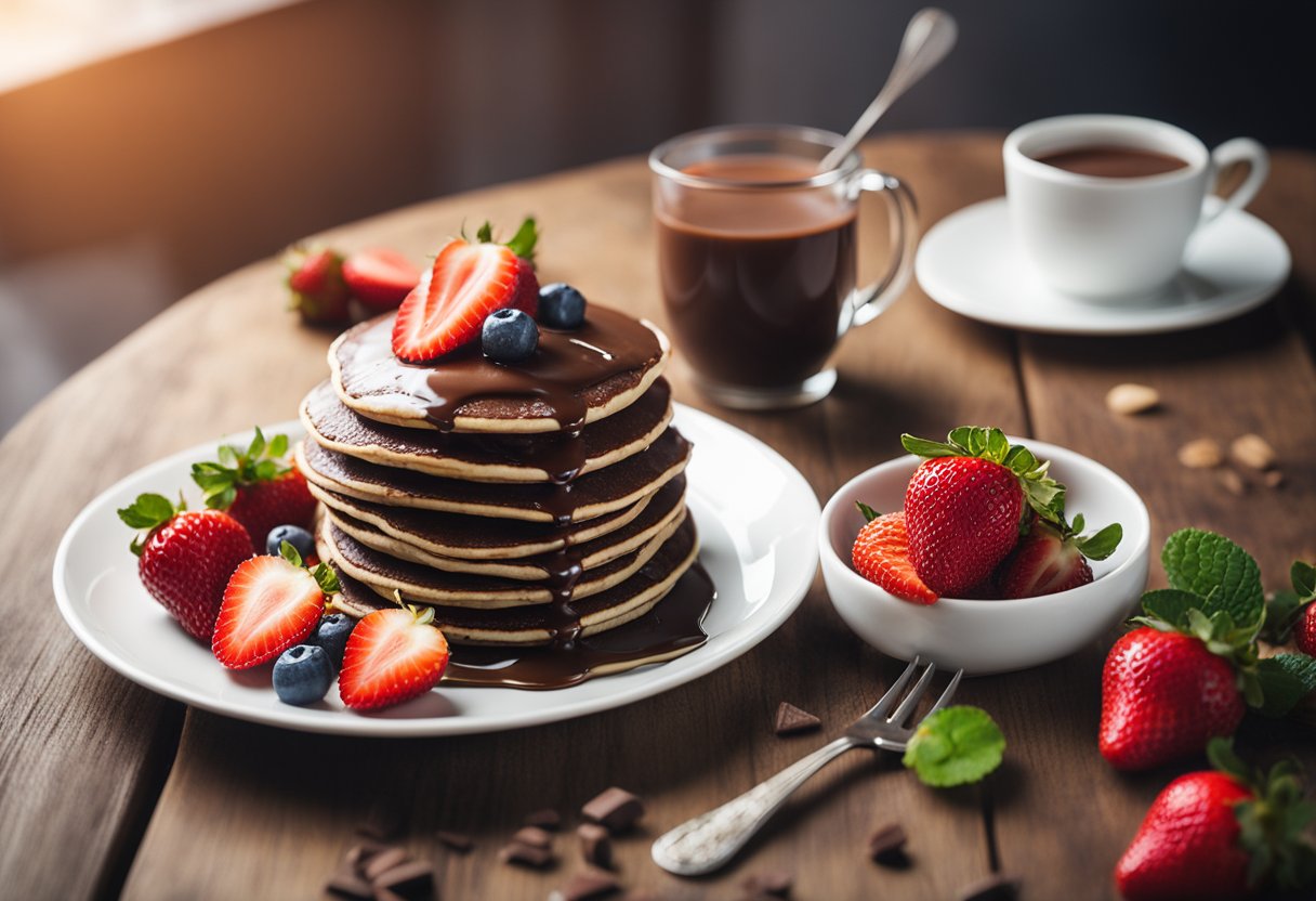 Um prato de panqueca de chocolate saudável coberto com morangos frescos em uma mesa de madeira