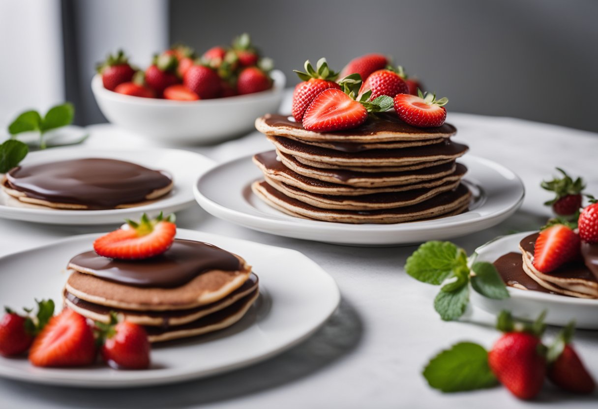 Uma pilha de panquecas de chocolate saudáveis cobertas com morangos frescos em um prato