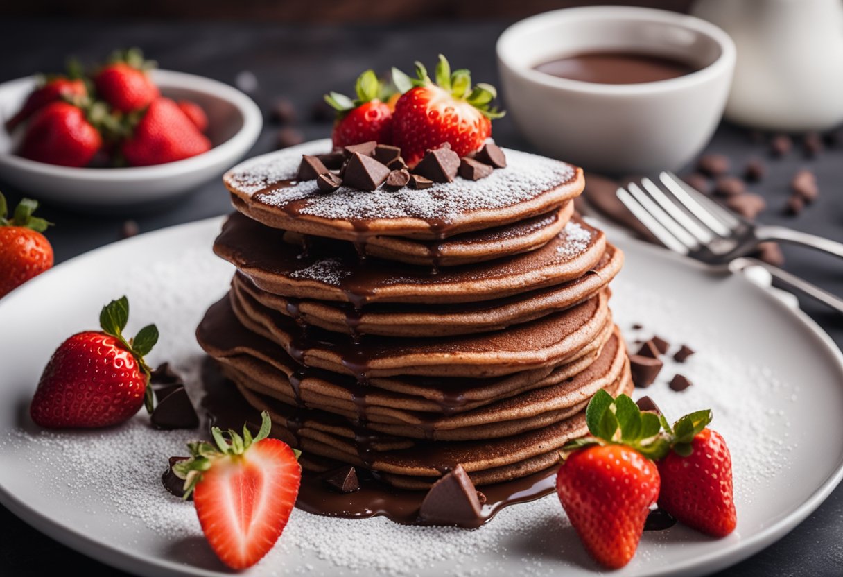 Uma pilha de panquecas de chocolate saudáveis cobertas com morangos frescos em um prato branco, cercadas por cacau em pó espalhado e morangos fatiados