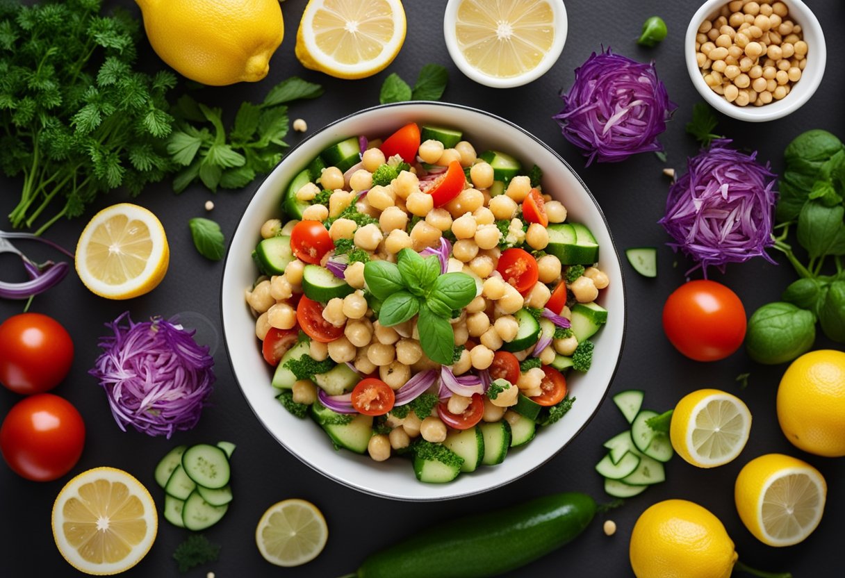 Uma tigela vibrante de salada de grão-de-bico e atum com um molho de limão picante, cercada por ingredientes frescos como tomates, pepinos e ervas.