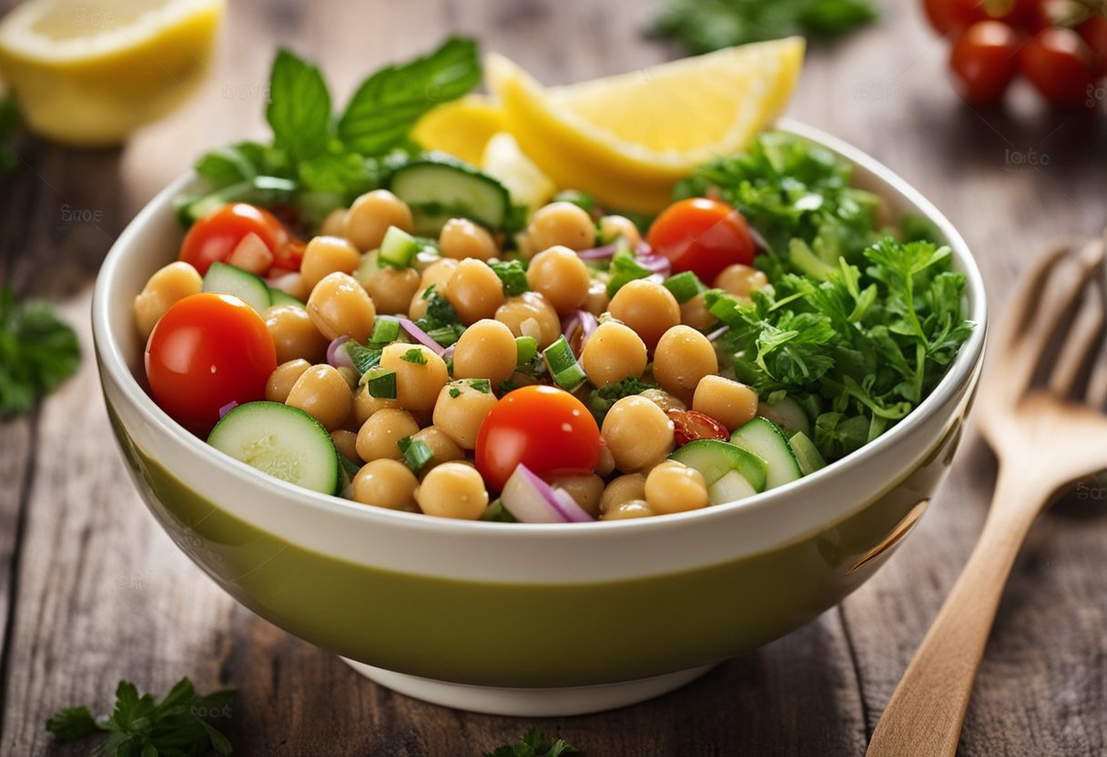 Uma tigela de salada de grão-de-bico com atum e molho de limão, cercada por ingredientes frescos como tomates-cereja, pepino e ervas